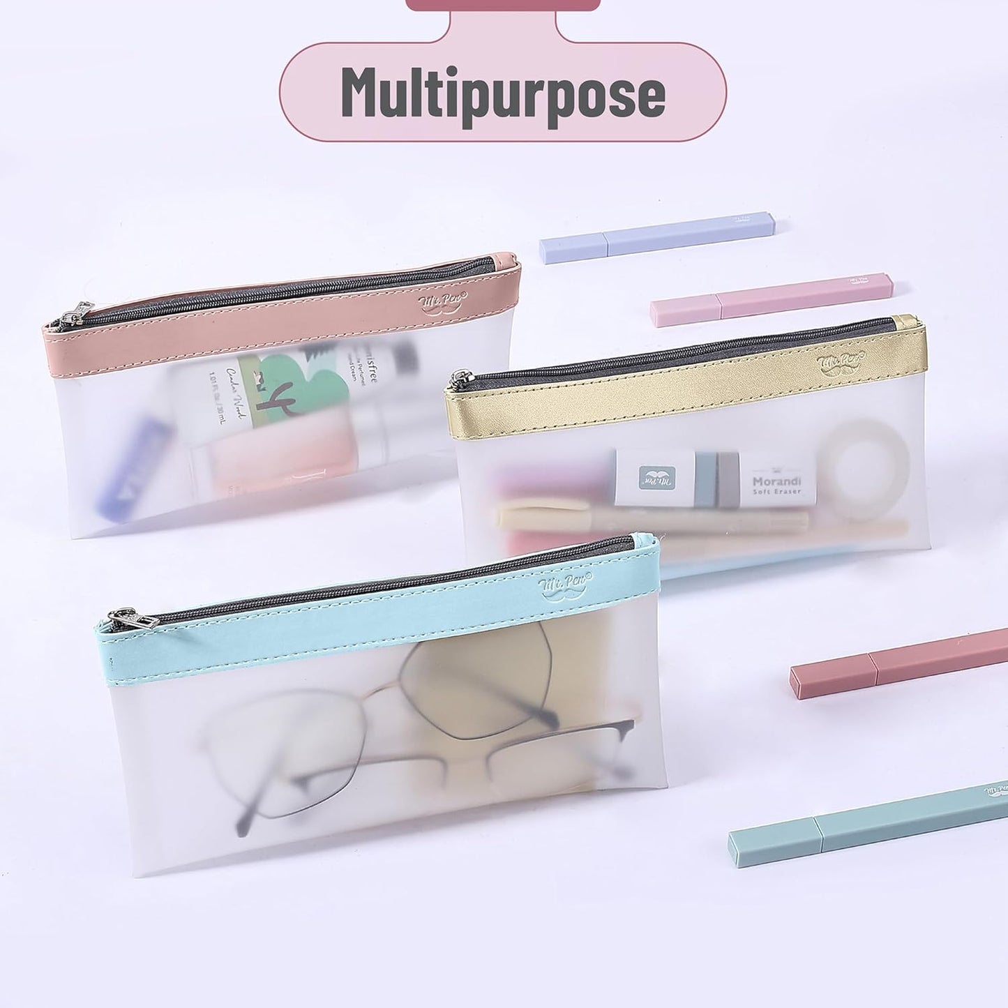 Mr. Pen- Clear Pencil Pouch, 8.50"x4.25", 3 Pack, Durable TPU Material, Medium Water-Resistant Pencil Bags with Smooth Zipper, Multipurpose Clear Pouch for Stationery, School, Office, Travel Supplies