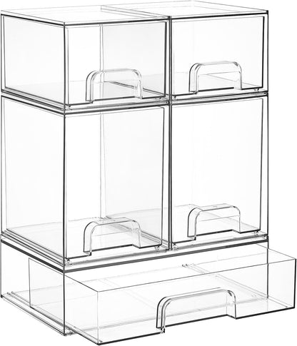 Vtopmart Stackable Storage Drawers Set of 3,Clear Plastic Organizer Bins for Makeup, Cosmetics, Beauty Supplies,Ideal for Vanity, Bathroom,Cabinet,Pantry Organization
