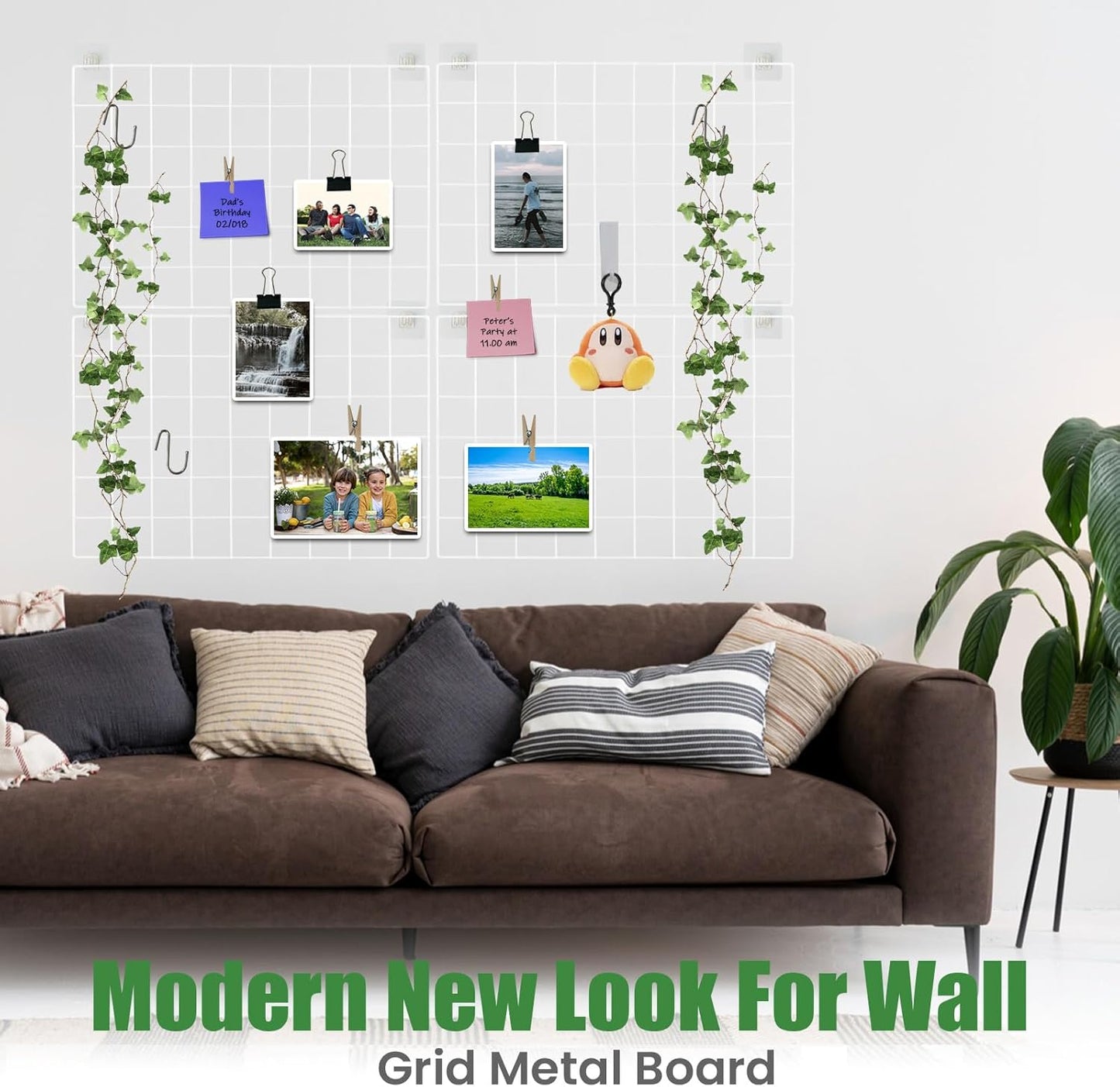 CIKLCIX Metal Grid Wall Panel, Wire Grid Photo Display Organizer, 17.3"×11.8" Gold Wire Board Grid Wall, Grid Picture Frame, 2-Pack Wire Mesh Memo Board With Clips and Hooks