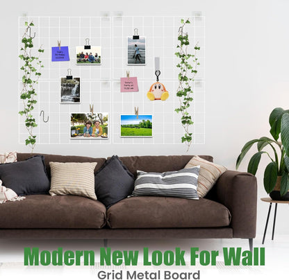 CIKLCIX Metal Grid Wall Panel, Wire Grid Photo Display Organizer, 17.3"×11.8" Gold Wire Board Grid Wall, Grid Picture Frame, 2-Pack Wire Mesh Memo Board With Clips and Hooks
