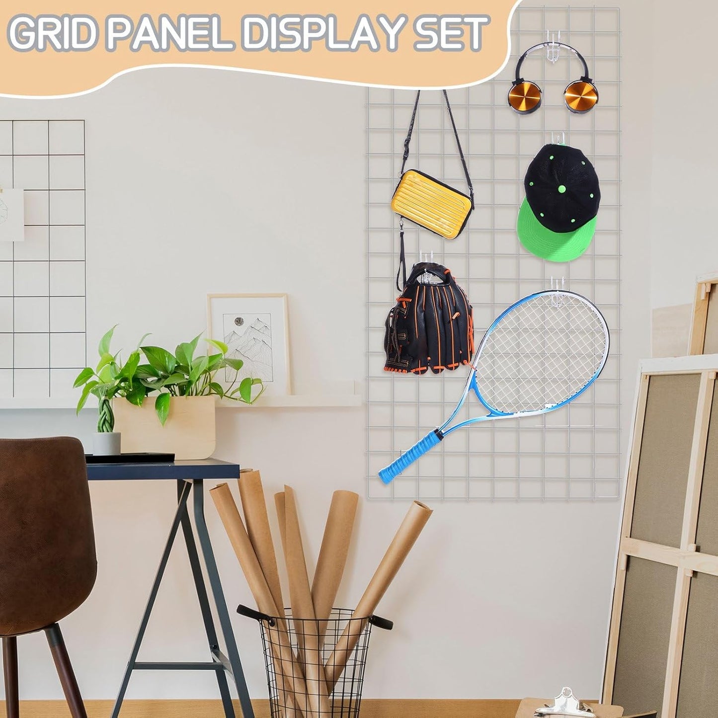 Hicarer 6 Pcs Commercial Grade Gridwall Panels for Display, Heavy Duty Wire Grid wall Display Rack Metal wall Mount Grid with 60 White Hooks for Retail Display Home Storage Vendor Events(2 x 4 ft)