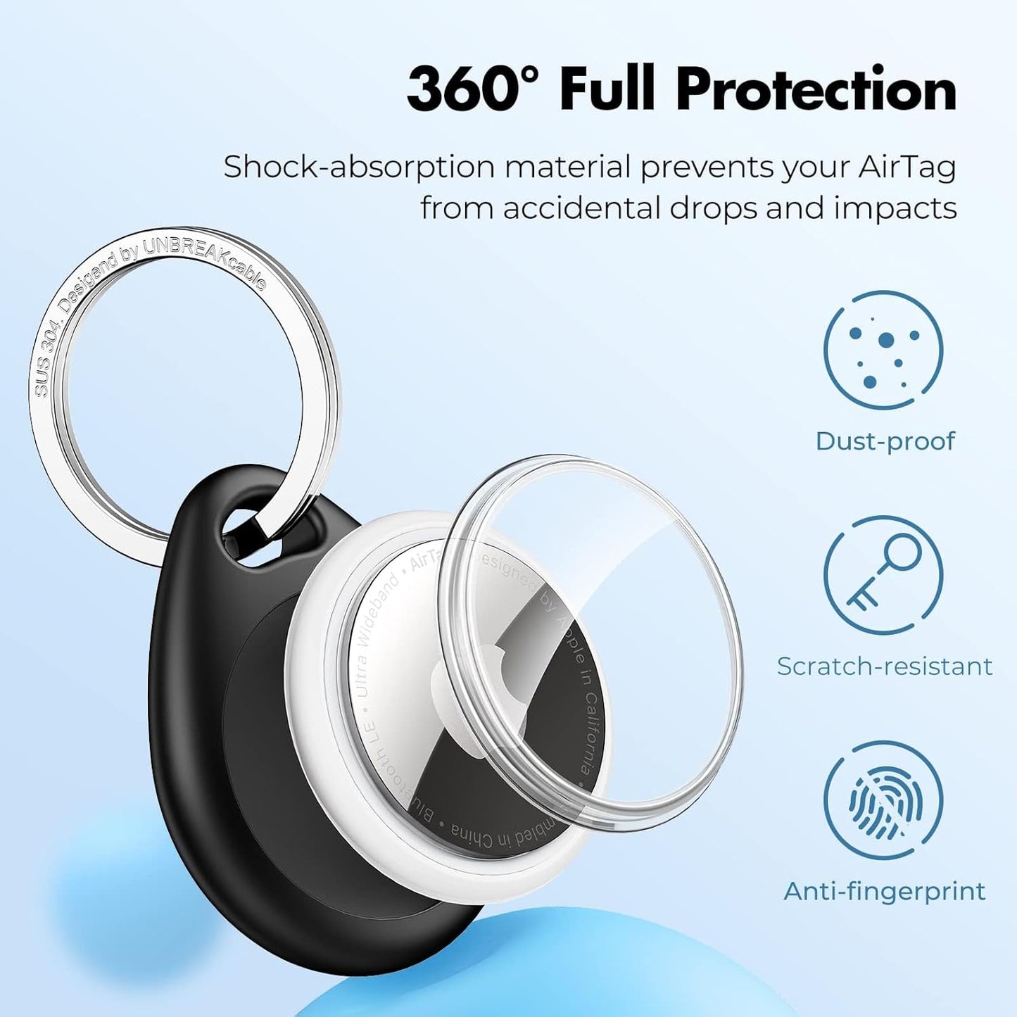 UNBREAKcable AirTag Holder for Apple - 4 Pack Air Tag Case [Fit Tightly Design] [Easy to Install] [Hold Securely] Waterproof TPU Protective Cover with Metal Keychain for Kids,Pet,Luggage,Backpack,Keys