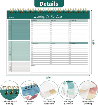 104 Pgs Weekly To Do List Notepad, 52 Duplex-Printed Undated Sheets 100 GSM（8.5"×11") Weekly Desk Planner For Work Home School Office Desk Accessories Supplies & Goal Setting Tasks - Green