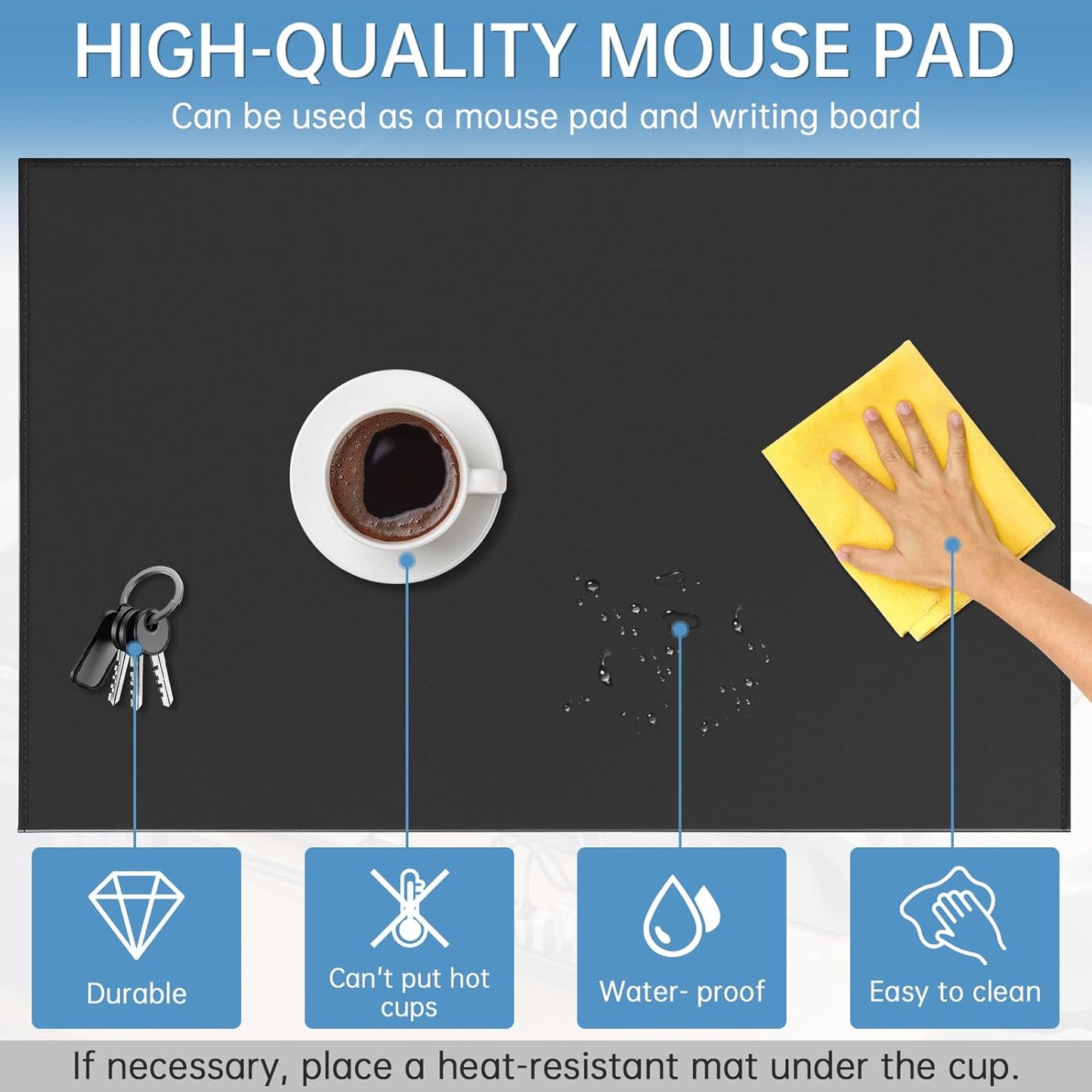 AKOZLIN 35.4"x 18.9" Soft PU Leather Surface Office Desk Mouse Mat Anti-Push Pad with Full Grip Fixation Lip Table Blotter Edge-Locked Protector