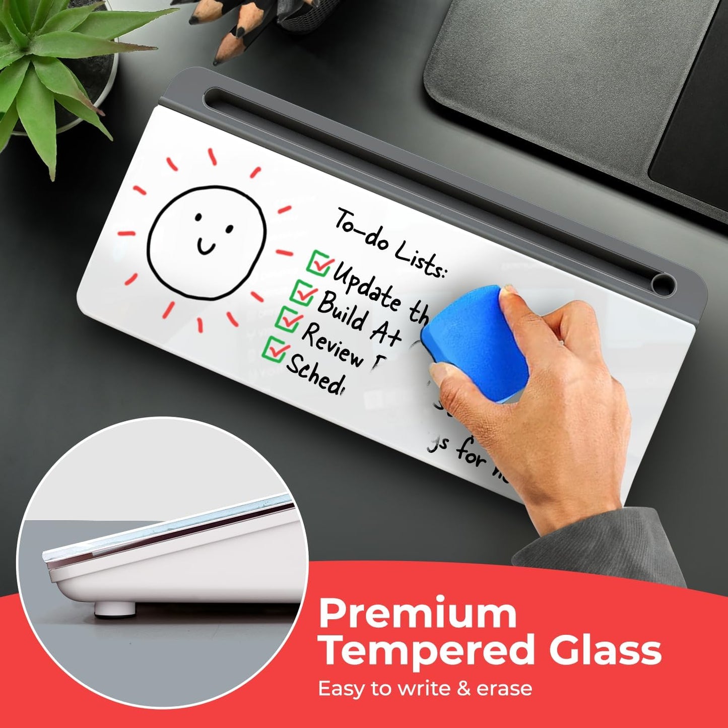 Chalkola Pink Glass Desktop Whiteboard with Storage - Dry Erase Board, Work Desk Organizers, Computer Keyboard Stand, Home Office Desk Accessories, Workspace Desktop Buddy