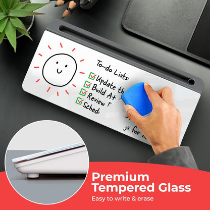 Chalkola Pink Glass Desktop Whiteboard with Storage - Dry Erase Board, Work Desk Organizers, Computer Keyboard Stand, Home Office Desk Accessories, Workspace Desktop Buddy