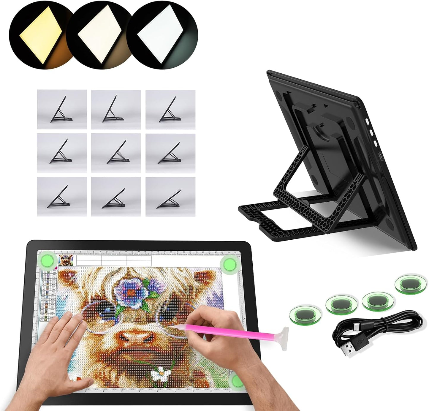 YINGWOND Rechargeable A4 Light Pad with Stand,7100LUX Magnetic Diamond Art Light Board,3 Light Colors,Adjustable Brightness,Portable Wireless Light Box for Tracing,Drawing,Sketching