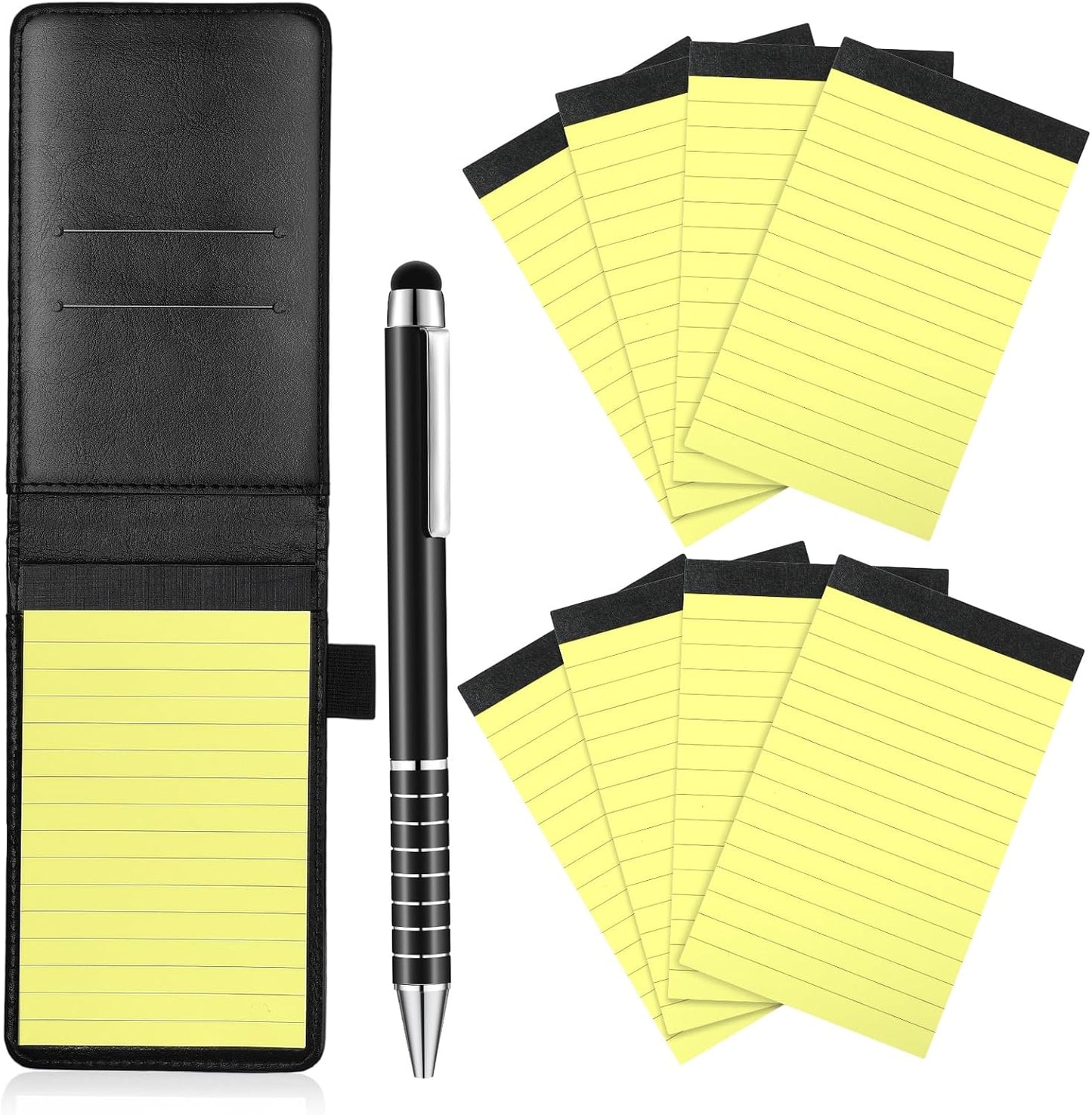 Outus 10 Pcs Mini Pocket Notepad Holder Set Included Small Leather Pocket Notebook Holder with 50 Lined Sheets, Metal Pen, 8 Pcs 3 x 5 Inch Memo Book Refills, 30 Lined Paper Per Note Pad (Black)