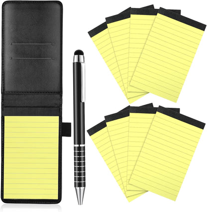 Outus 10 Pcs Mini Pocket Notepad Holder Set Included Small Leather Pocket Notebook Holder with 50 Lined Sheets, Metal Pen, 8 Pcs 3 x 5 Inch Memo Book Refills, 30 Lined Paper Per Note Pad (Black)