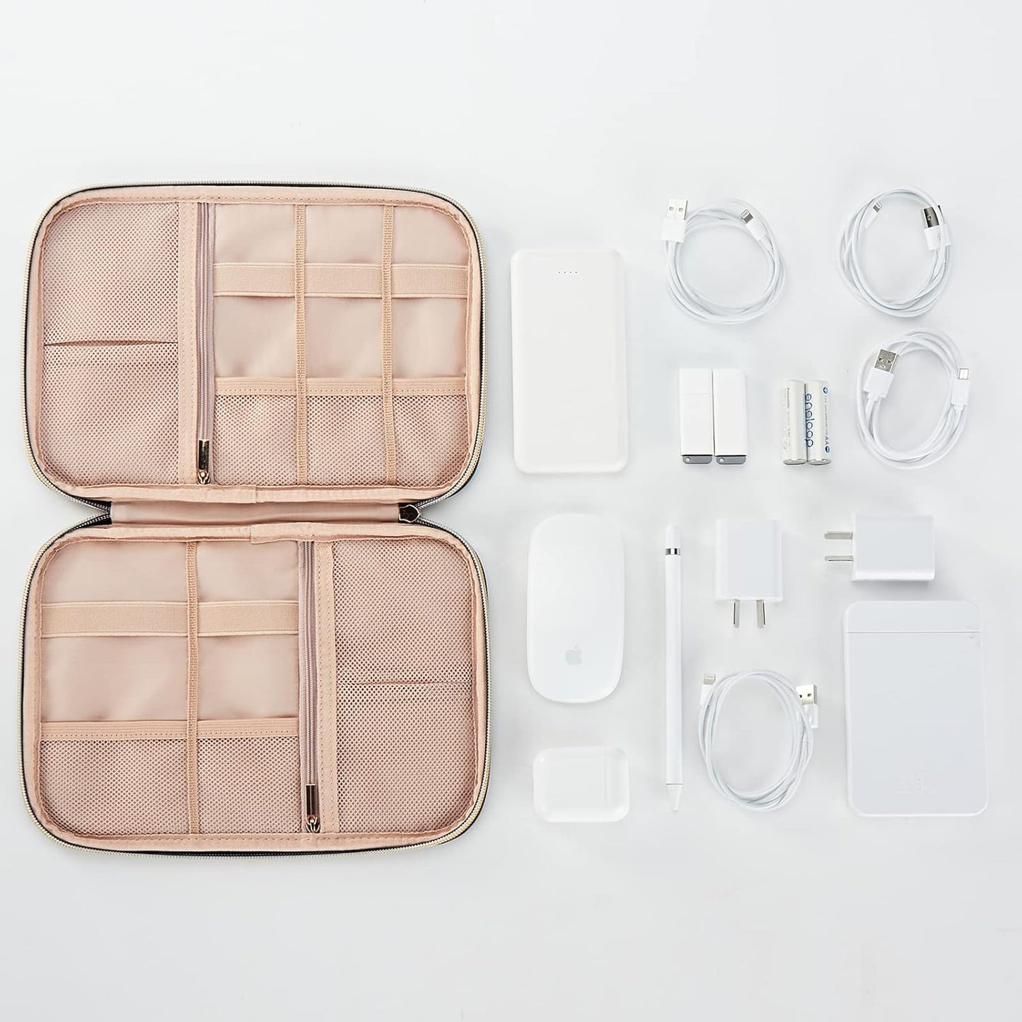 NISHEL Travel Cord Organizer Case, Tech Electronic Bag, Essentials for Charger, Cable, Phone, Hard Drive, USB, SD Card, Pink