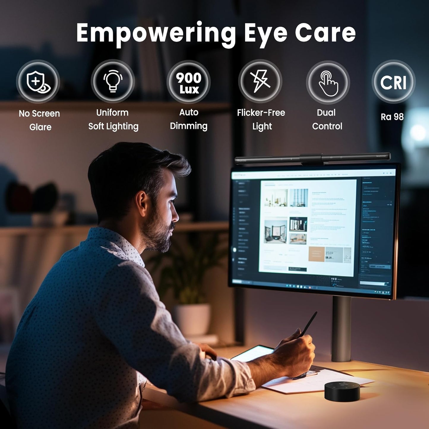 Quntis Computer Monitor Lamp, Screen Monitor Light Bar for Eye Caring, USB Reading LED Task Lamp with Auto-Dimming, Dimmable Light Bar, Touch Control, No Glare Space Saving Home Office Desk Lamps