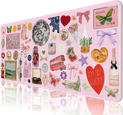 Pink Desk Mat, Leather Desk Pad Blotter Protector, XXL Large Mouse Pad,Computer Laptop Mouse Pads for Desktop,Waterproof Writing Anti-Slip Mousepad for Office and Home I Colorful Stickers