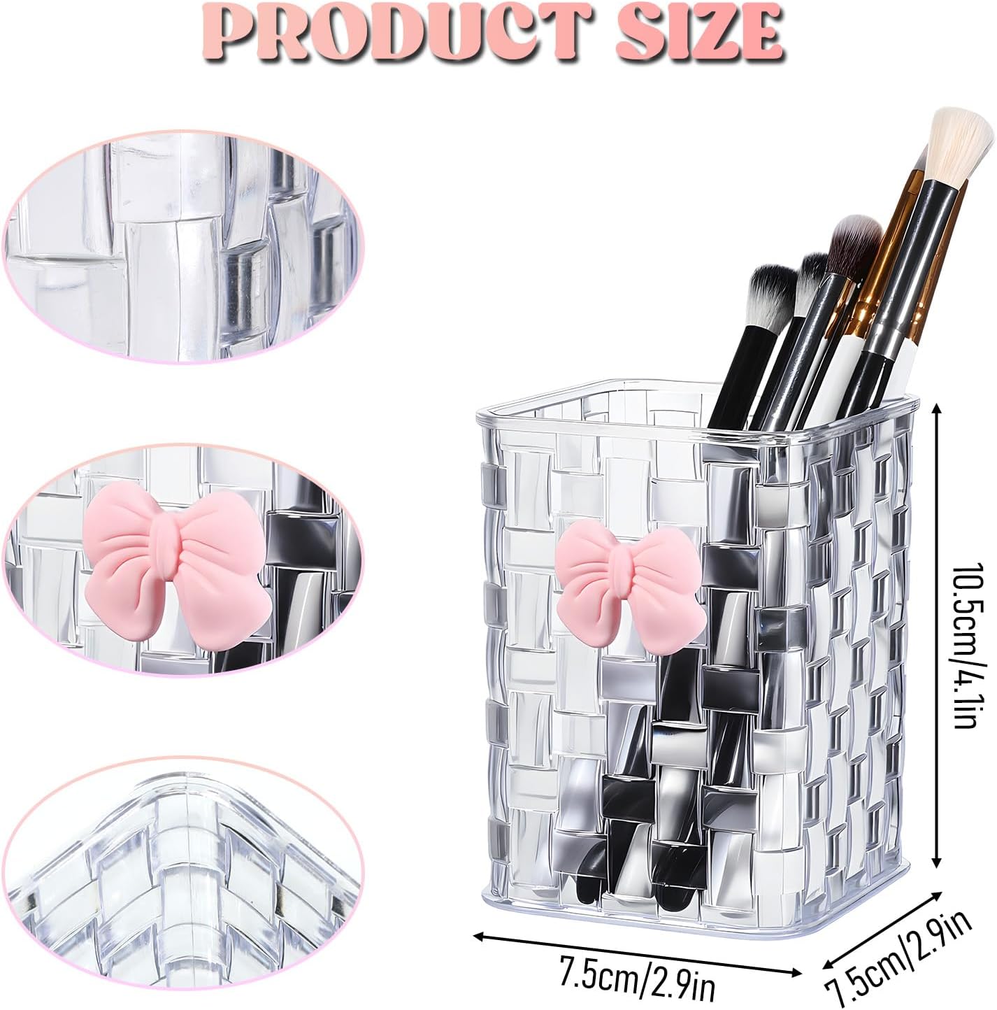 Artistic Acrylic Pen Holder Cute, Clear Makeup Brush Holders with Woven Texture and a Pink Bow, Transparent Stylish Pencil Holder for Desk, Clear Pencil Organizer Pen Caddy for Desk School Accessories