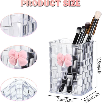 Artistic Acrylic Pen Holder Cute, Clear Makeup Brush Holders with Woven Texture and a Pink Bow, Transparent Stylish Pencil Holder for Desk, Clear Pencil Organizer Pen Caddy for Desk School Accessories