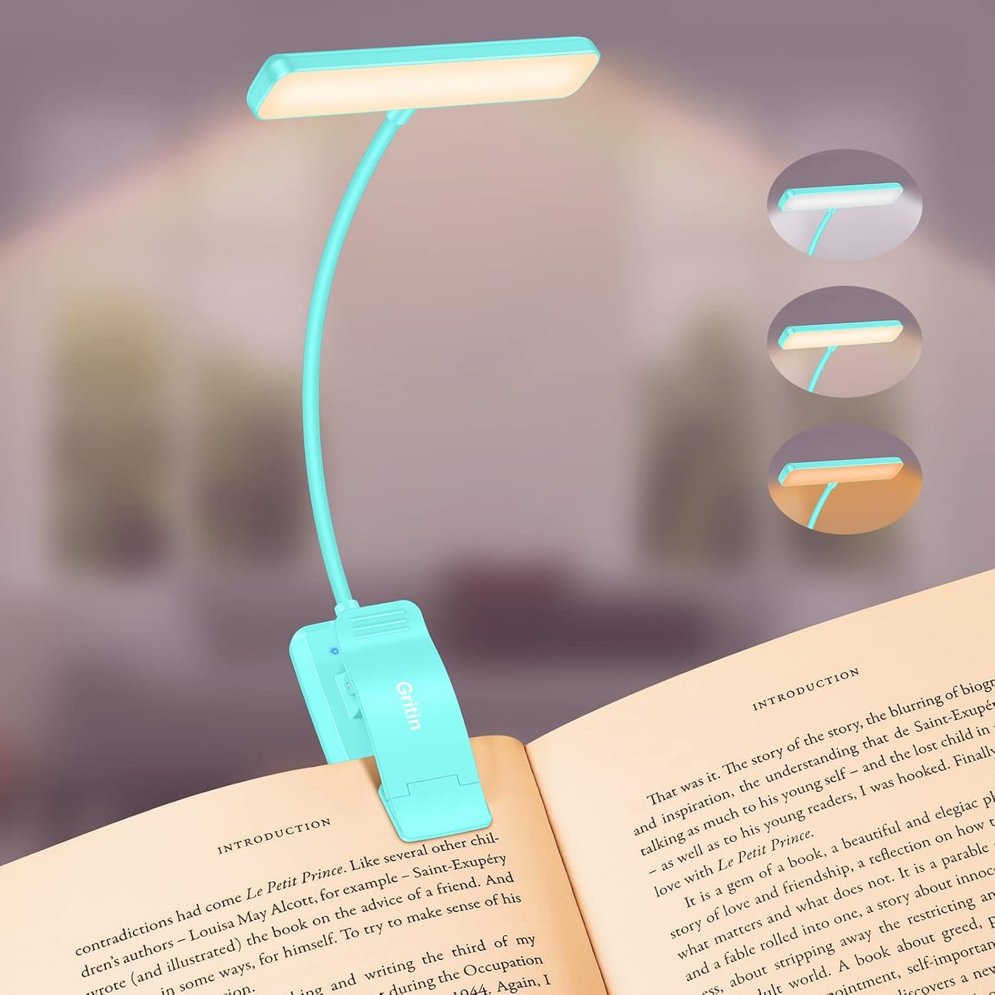 Gritin 19 LED Rechargeable Book Light for Reading in Bed with Memory Function- Eye Caring 3 Color Temperatures,Stepless Dimming Brightness,90 Hrs Runtime Lightweight Clip on Light for Book Lovers