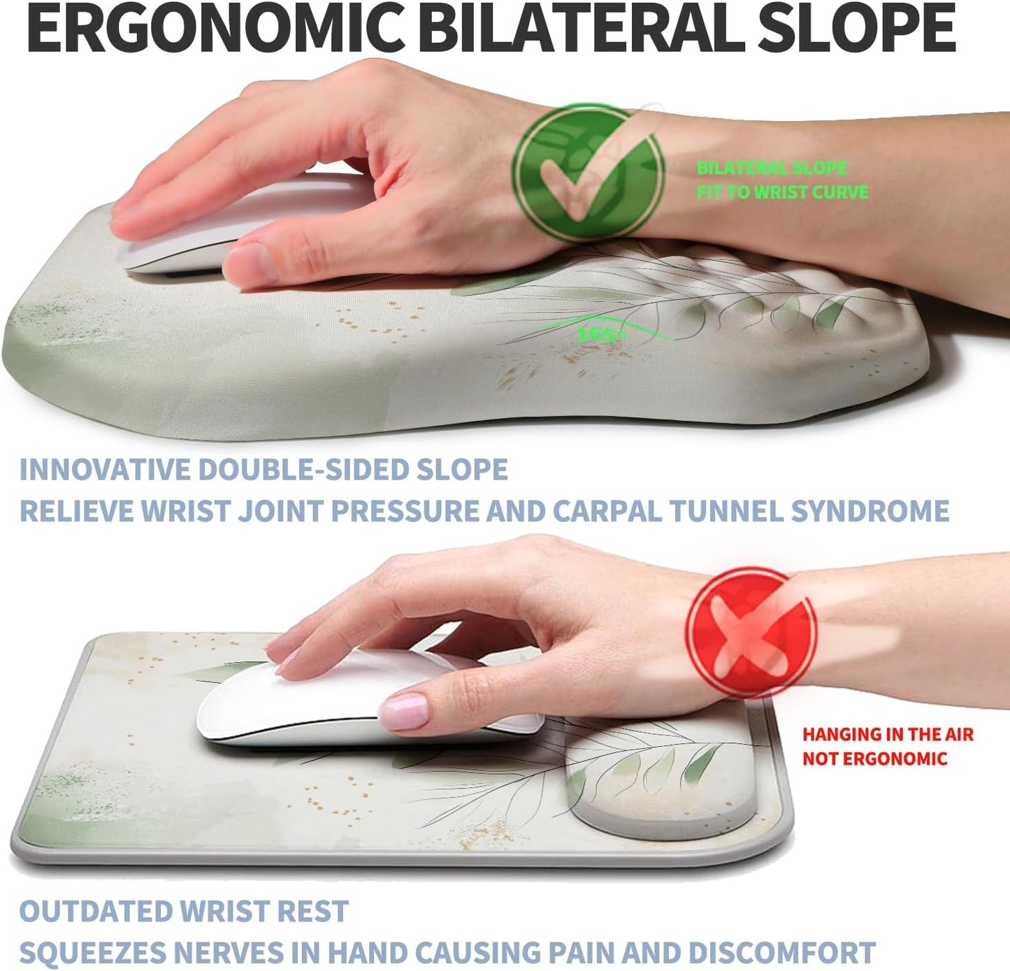 Ergonomic Raised Mouse Pad Wrist Support with Bilateral Slope Memory Foam Mousepad for Wrist Rest and Carpal Tunnel Pain Relief 11.8x7.9〃 Black