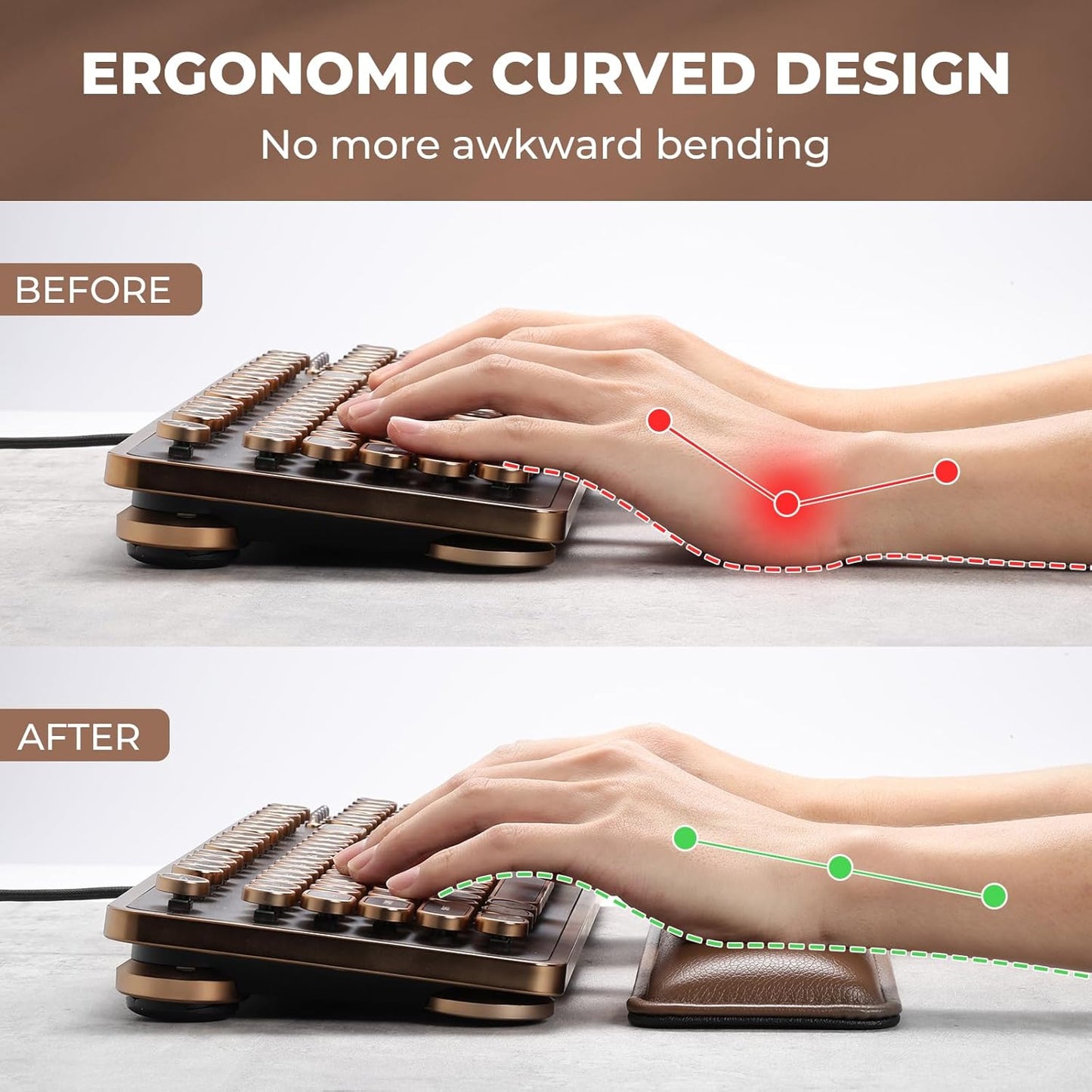 GLENCREAG Ergonomic Keyboard Wrist Rest - PU Leather Cushioned Support for Typing & Gaming, Comfortable Contoured Design for Wrist Pain Relief, Tan