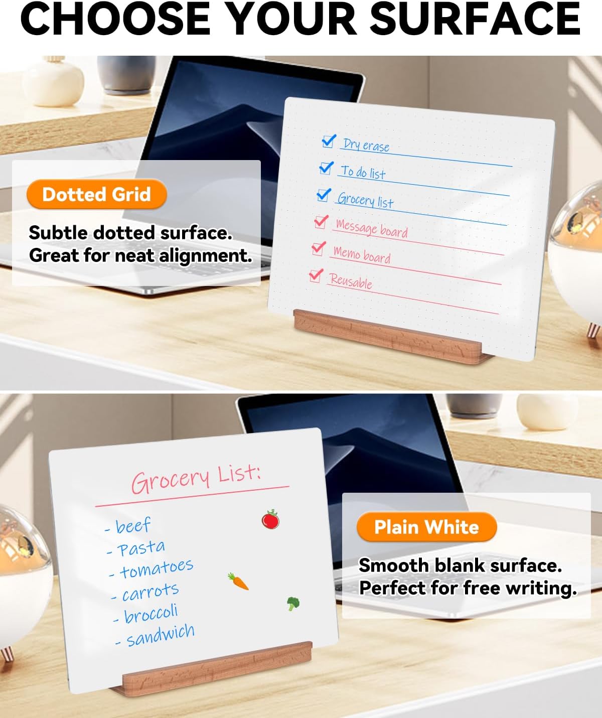 Dry Erase Acrylic Whiteboard 9x12 – White Surface or Dotted Grid – Desktop Writing Board with Wood Base – Reversible Horizontal & Vertical Display (Plain White)