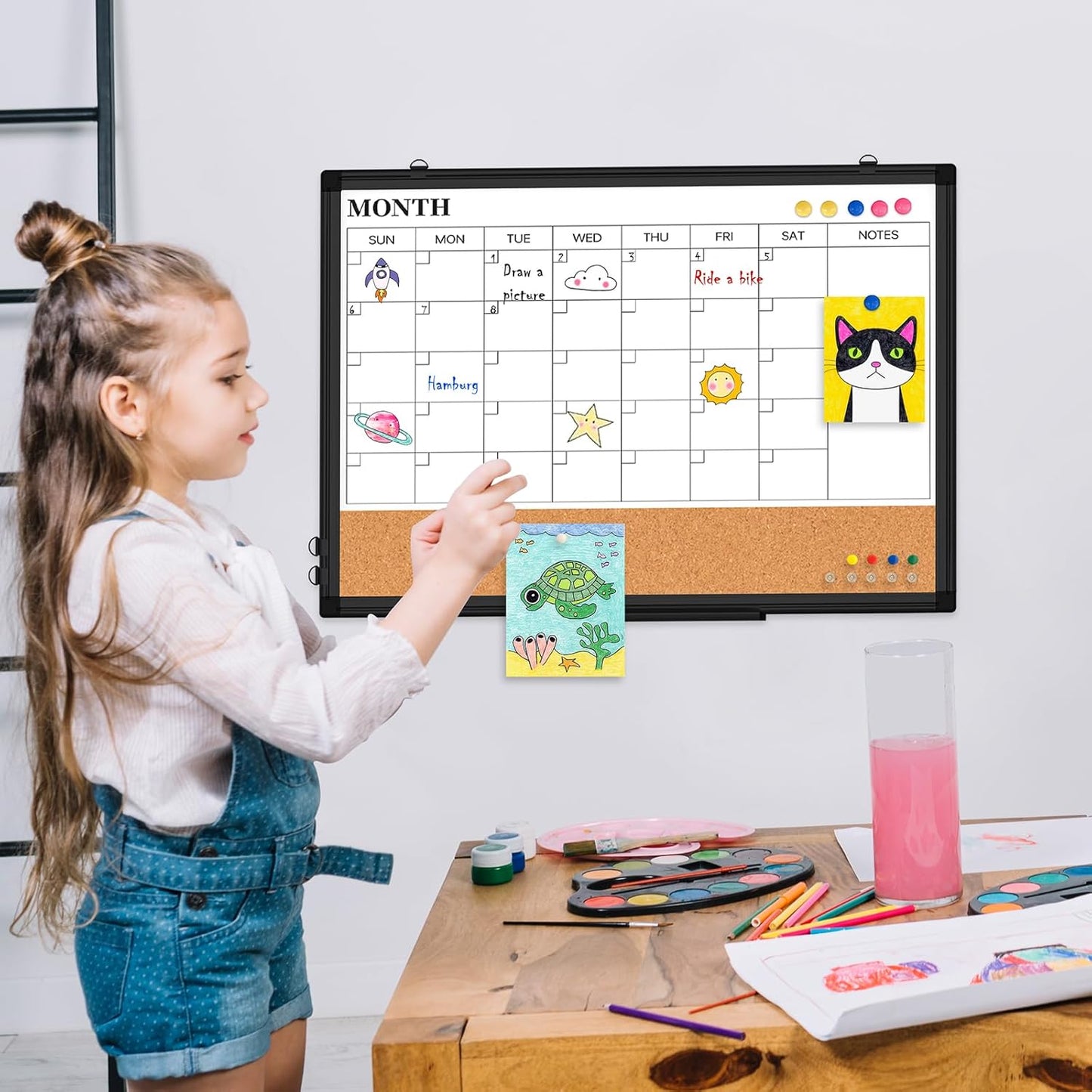 Weekly Dry Erase Calendar Whiteboard for Wall, 24" x 18" Double-Sided Weekly Planner White Board Cork Combo, Hanging & Wall Mount Week Bulletin Board with Notes for Home, Office, School, Kitchen
