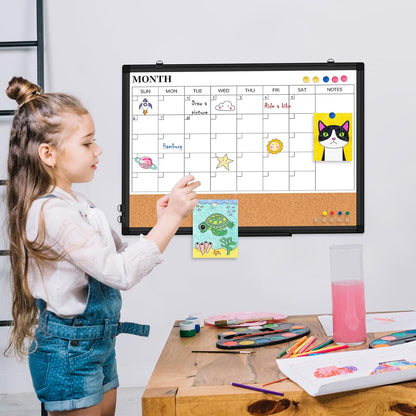 Weekly Dry Erase Calendar Whiteboard for Wall, 24" x 18" Double-Sided Weekly Planner White Board Cork Combo, Hanging & Wall Mount Week Bulletin Board with Notes for Home, Office, School, Kitchen