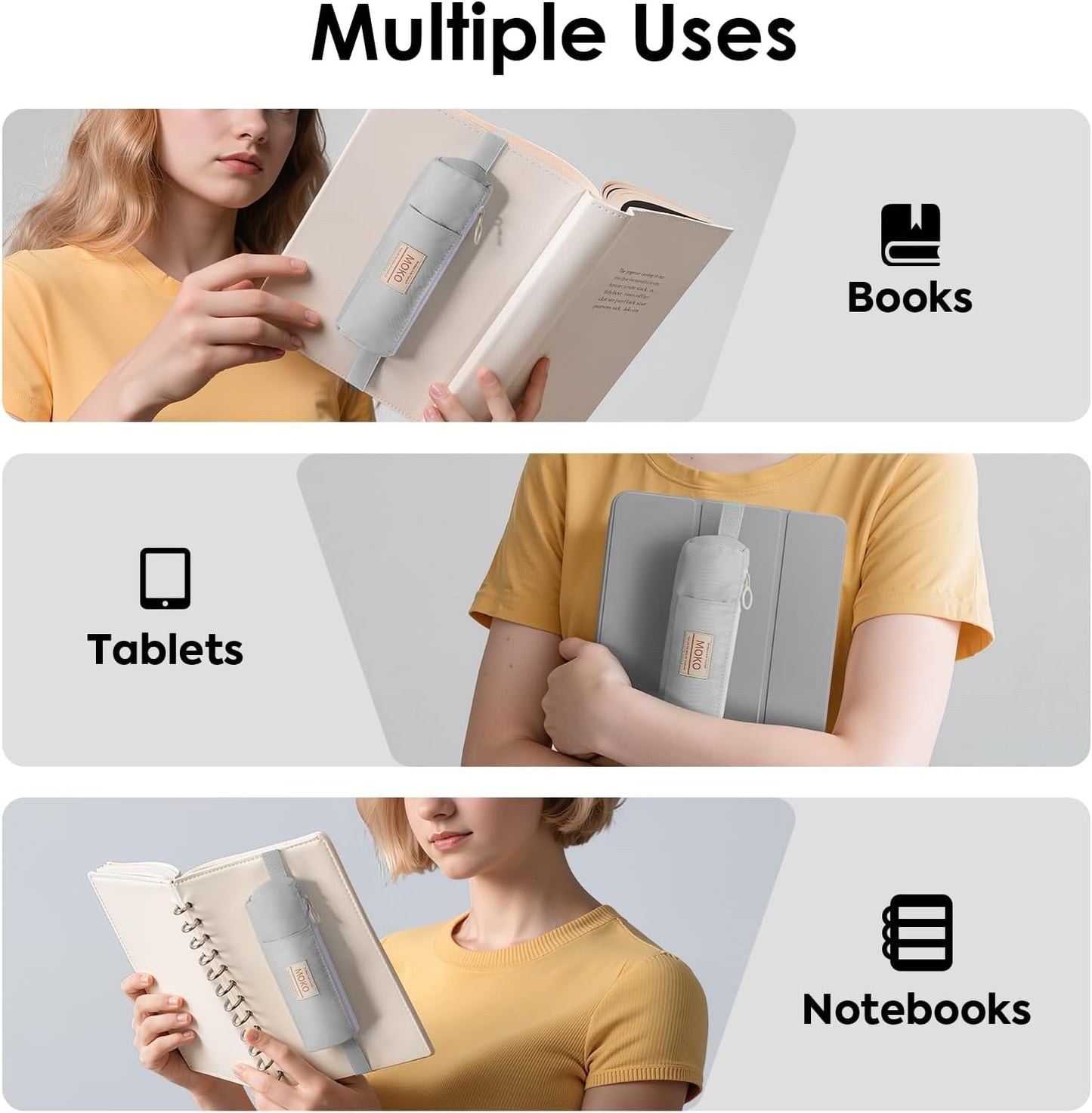 MoKo Pen Holder for Notebook, Pencil Pouch with Adjustable Elastic Band, Slim Portable Zipper Pen Pouch Holder for Planners, Journals, Book, Pink