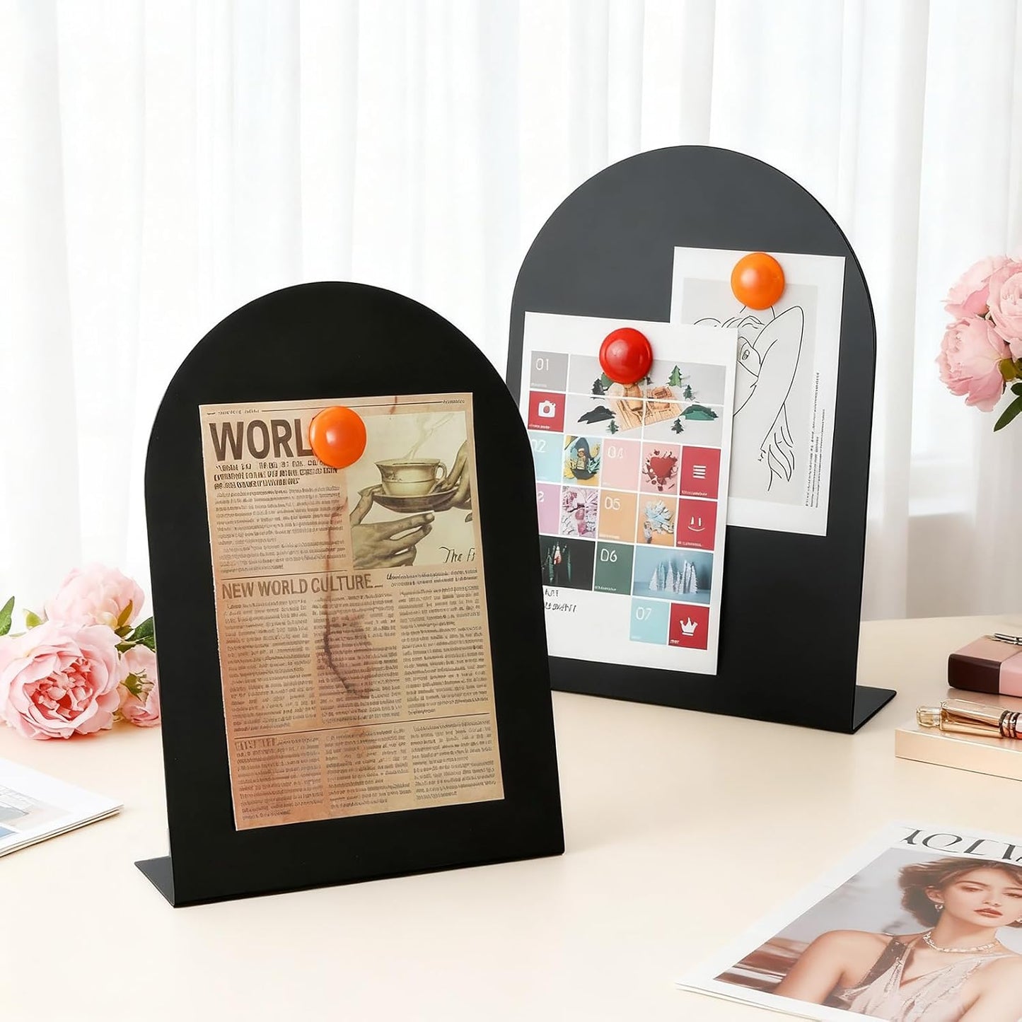 Shimeyao 2 Pcs Pink Magnetic Bulletin Board for Tabletops with 8 Magnets 10x7 Inch Memo Display Easel Stand for Home Office School Kitchen Table Supplies (Arched)