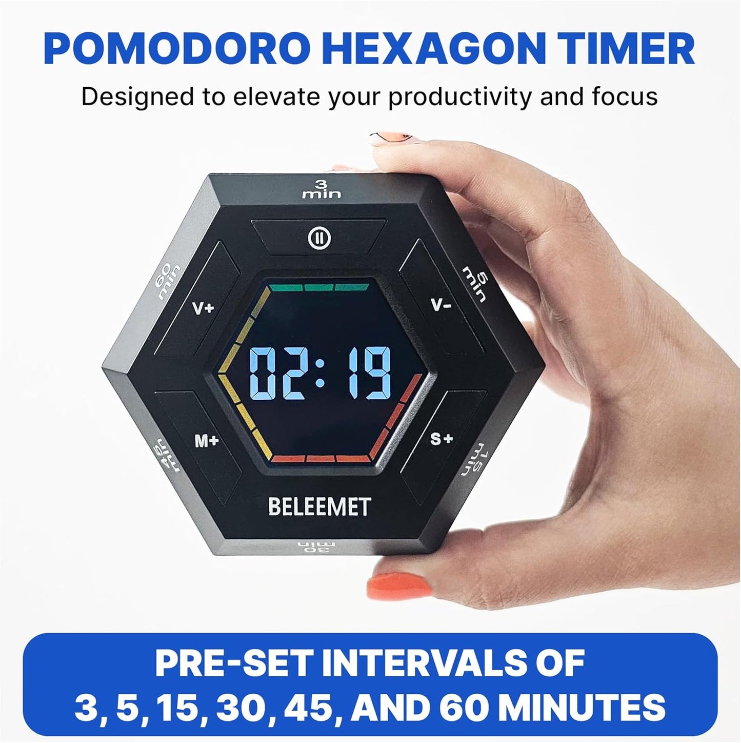 Pomodoro Timer,Hexagon Cube Magnetic Flip,ADHD Tools for Adults/Kids Task Timer for Office, Study, Exercise, Meditation,3/5/15/30/45/60min&Custom Digital Countdown, Adjustable Sound,Black