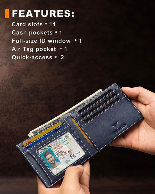 Men's Wallet with Airtag Holder, Bifold Full-Grain Leather Wallet for Apple Air Tag (1st & 2nd Generation), Slim Wallet for Men with RFID Blocking, 11 Card Slots