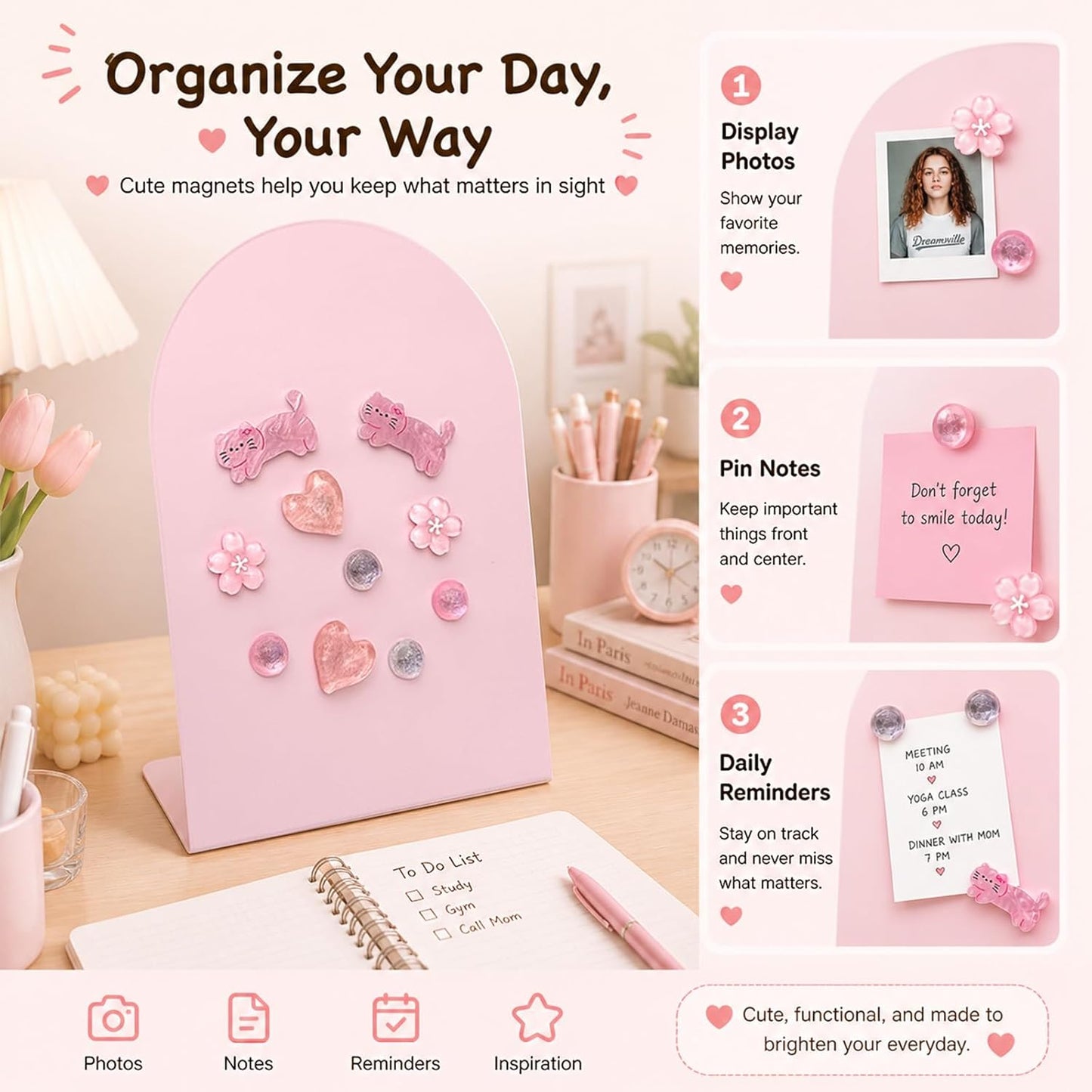 Pink Magnetic Board for Desk, 2 Pack 11×8 Inch Arch Metal Magnet Board with Stand, Memo & Photo Display, 10 Magnets Included, Desk Decor for Girls, Office & Dorm
