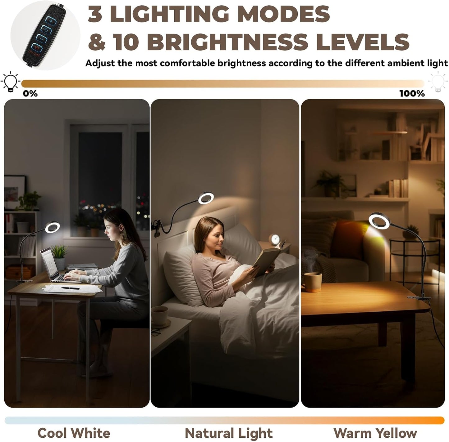 Desk lamp Eye-Caring Table Lamps, 360°Rotation Gooseneck Clip on Lamp Reading Light Portable Reading Book Light Clamp Study Desk Lamps for Bedroom and Office Home Lighting (Black)