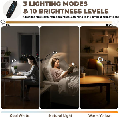 Desk lamp Eye-Caring Table Lamps, 360°Rotation Gooseneck Clip on Lamp Reading Light Portable Reading Book Light Clamp Study Desk Lamps for Bedroom and Office Home Lighting (Black)