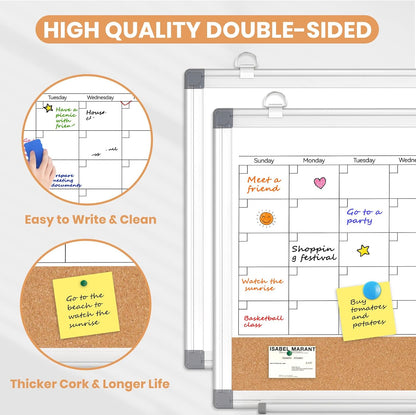 Weekly Dry Erase Calendar Whiteboard for Wall, 24" x 18" Double-Sided Weekly Planner White Board Cork Combo, Hanging & Wall Mount Week Bulletin Board with Notes for Home, Office, School, Kitchen