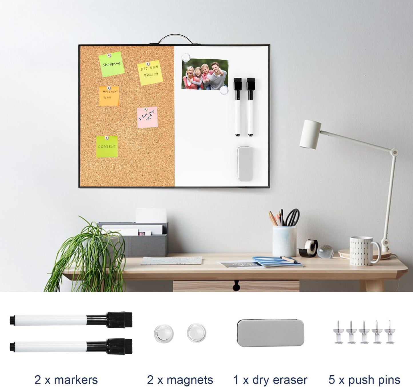 TSJ OFFICE Small Whiteboard Cork-Board - 16" X 12" Portable Aluminum Black Framed Magnetic Dry Erase Board, Small Bulletin Cork Board with Holder for Office, Home and School
