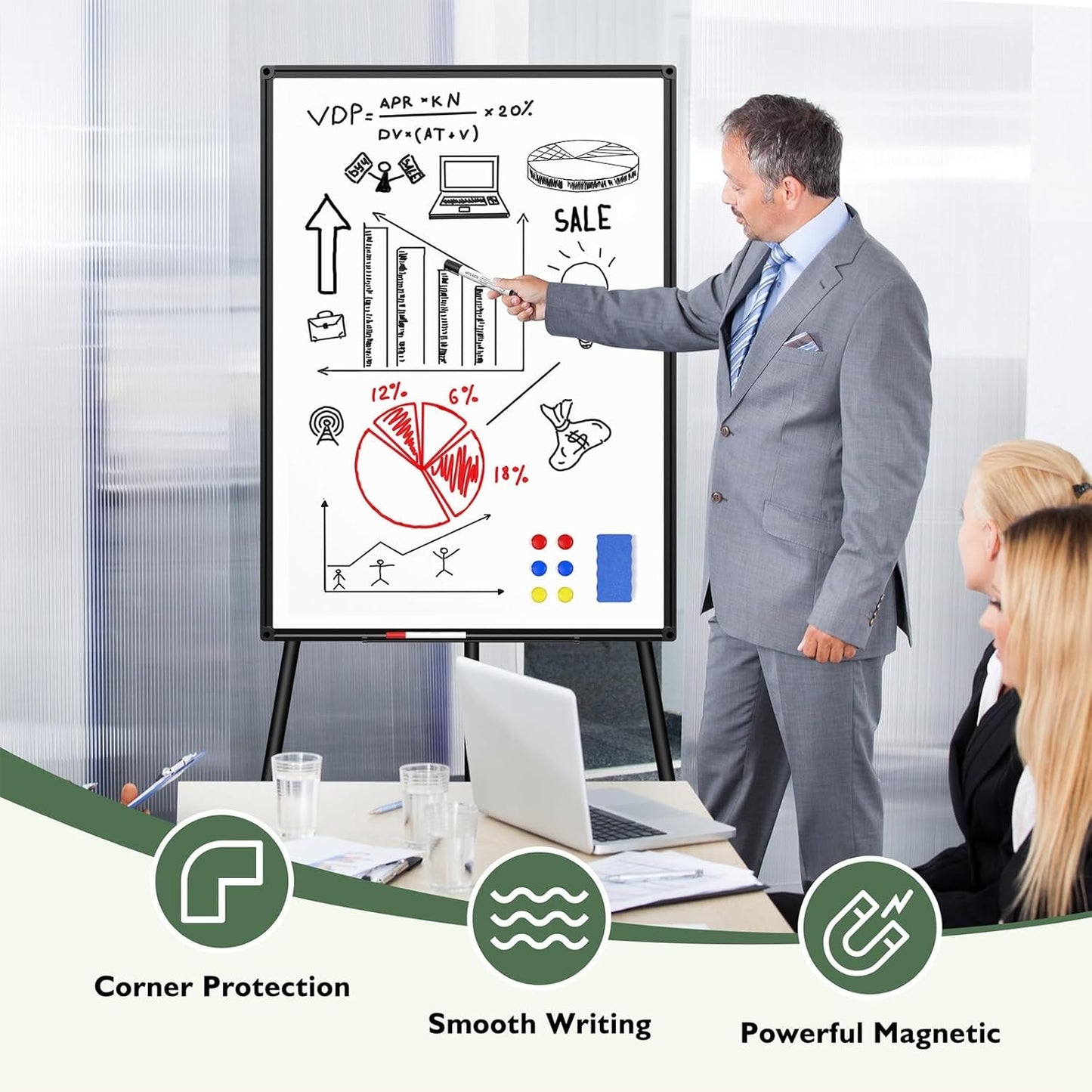 Magnetic Whiteboard Easel Stand, Dry Erase 36 x 24 White Board with Height Adjustable Tripod Stand, 3' x 2' Flipchart Easel Stand Presentation Board, 6 Magnets, 1 Eraser, 2 Pens