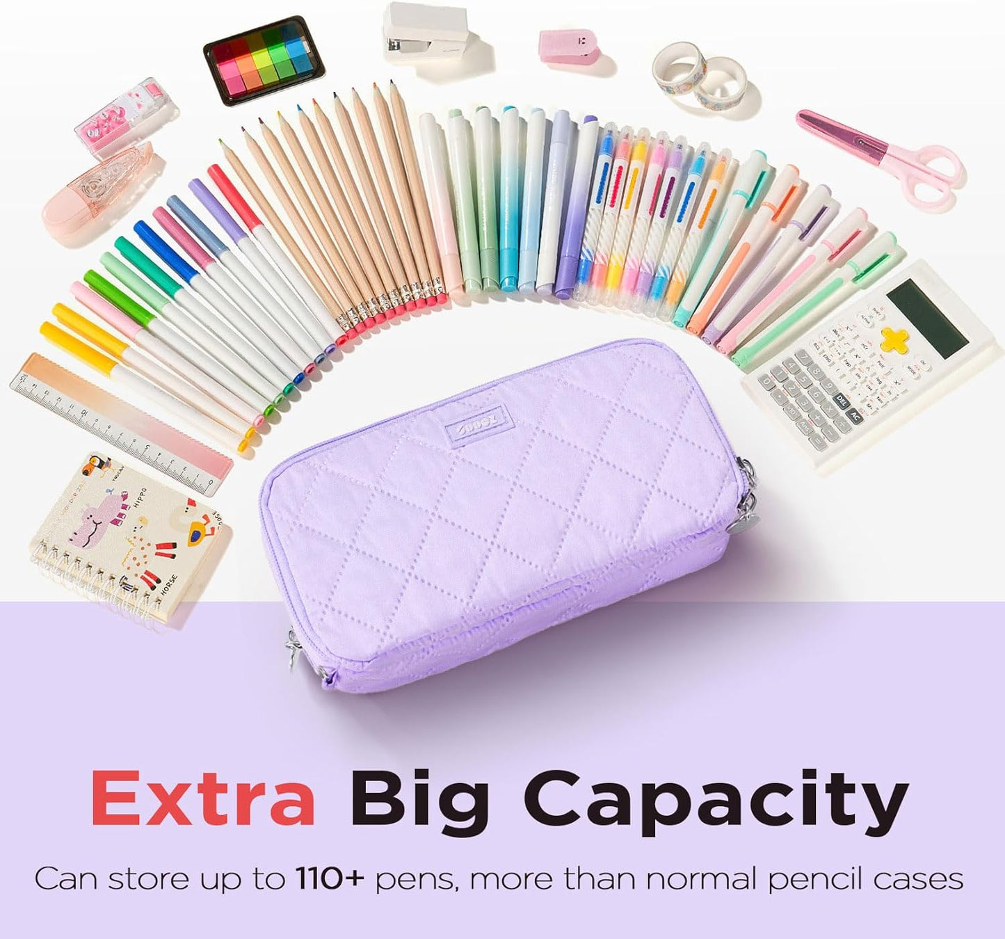 Sooez Large Pencil Case Pouch, Extra Big Pencil Bag with 8 Compartments, Pen Bag Wide Opening, Soft Quilted Pencil Pouch Organizer with Zipper, Portable Pencil Case for Teen Girls, Pink