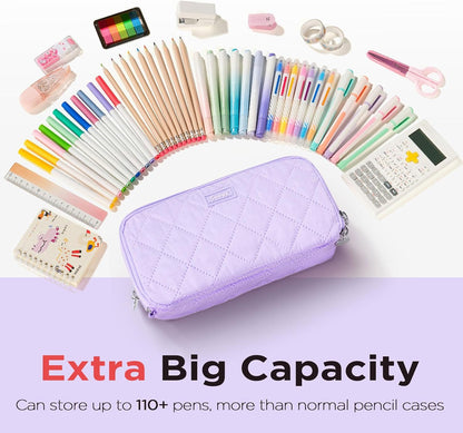 Sooez Large Pencil Case Pouch, Extra Big Pencil Bag with 8 Compartments, Pen Bag Wide Opening, Soft Quilted Pencil Pouch Organizer with Zipper, Portable Pencil Case for Teen Girls, Pink