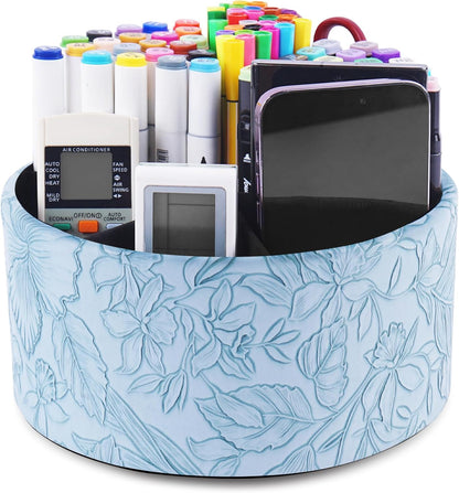 Round Leather Art Supply Organizer,Remote Control Holder,360 Degree Rotating,Multi-Functional Pencil Holder,4 Compartments Desktop Stationary Organizer(1-Fractal Flower) | Round - Colors B