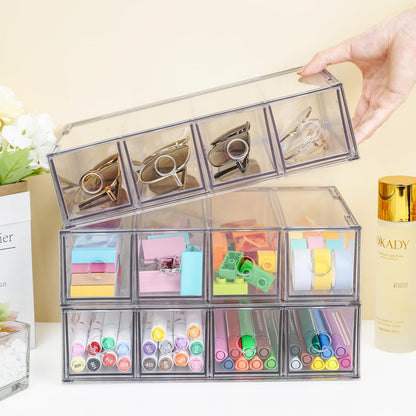 Desk Organizer with 8 Drawers, FODIENS 2 Packs Stackable Desktop Storage Box with Removable Drawer, Clear Sunglasses Organizer Display Case for Stationery Marker Pens Eyeglasses Office Supply