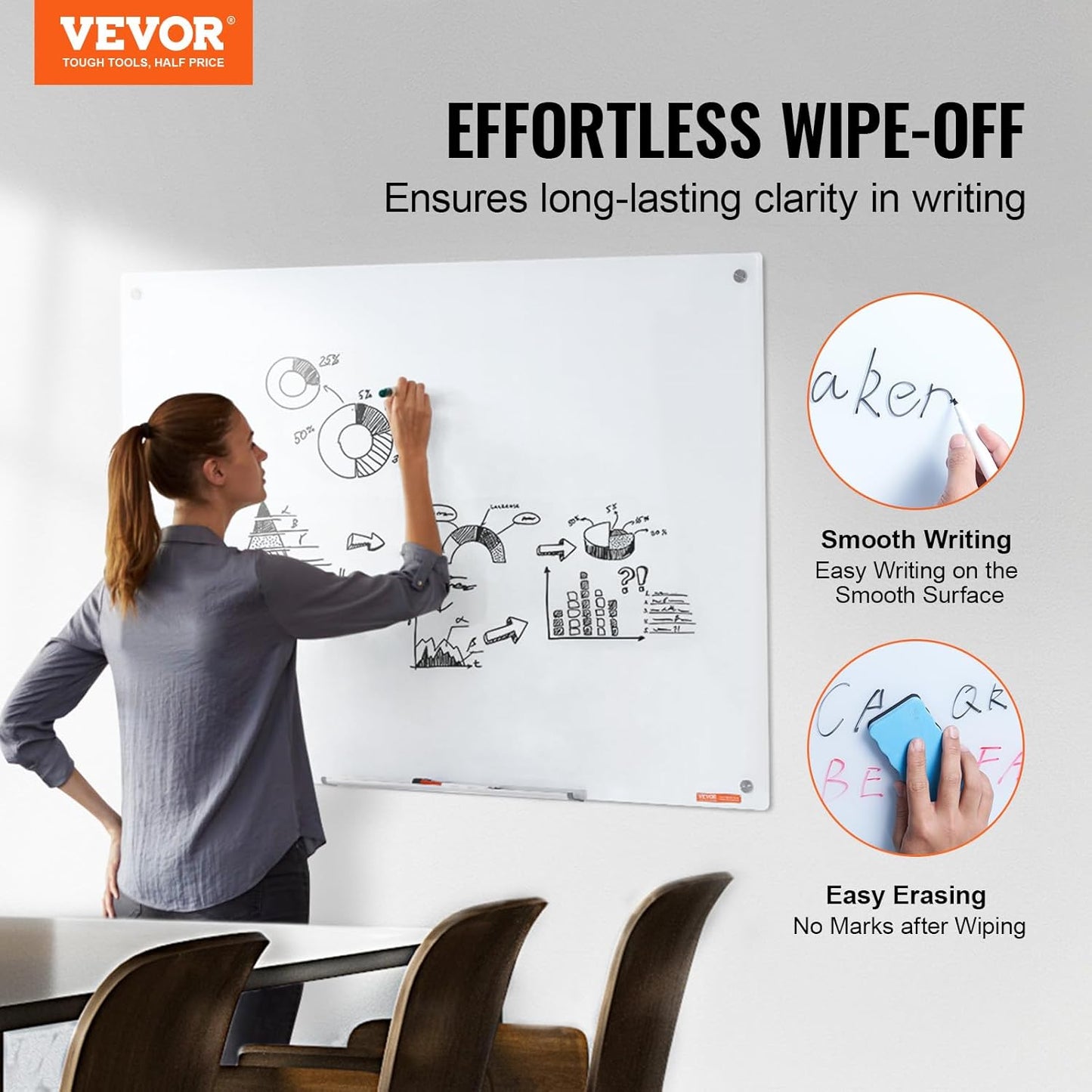 VEVOR Magnetic Glass Whiteboard, Dry Erase Board 36"x24", Wall-Mounted Large White Glassboard Frameless, with Marker Tray, an Eraser and 2 Markers, Black