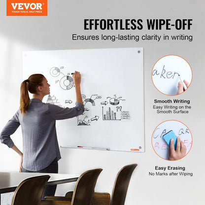 VEVOR Magnetic Glass Whiteboard, Dry Erase Board 36"x24", Wall-Mounted Large White Glassboard Frameless, with Marker Tray, an Eraser and 2 Markers, Black