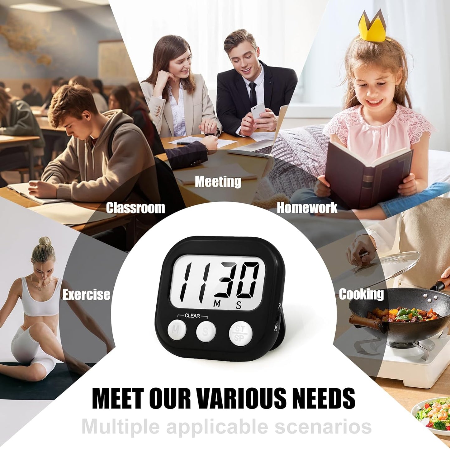 2 Pack Digital Kitchen Timer for Cooking Big Digits Loud Alarm Magnetic Backing Stand Cooking Timers for Baking White