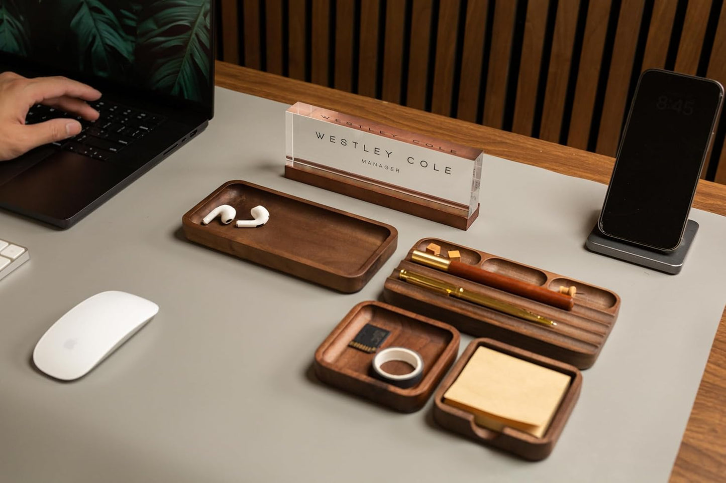 MUUJEE Wooden Desk Pen Pencil Organizer - 7.5 x 3.75 for Work Teacher Dad Wood Pencils Tray Work Minimalist Rustic, Gift for The Man who has it All