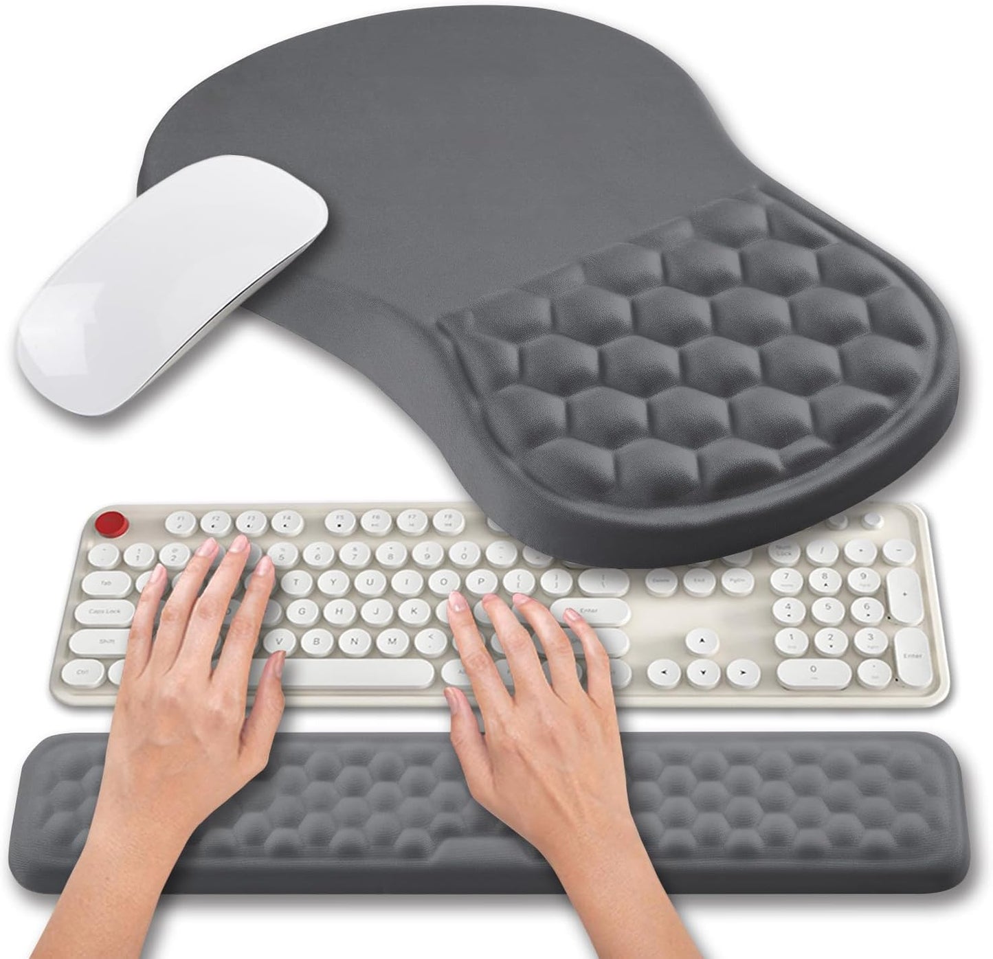 Hokafenle 2 in 1 Ergonomic Mouse Pad Wrist Support & Wrist Rest for Computer Keyboard Set, with Relieve Carpal Tunnel Pain Massage Bulge and Full Memory Gel Design (2In1 Set, Black)