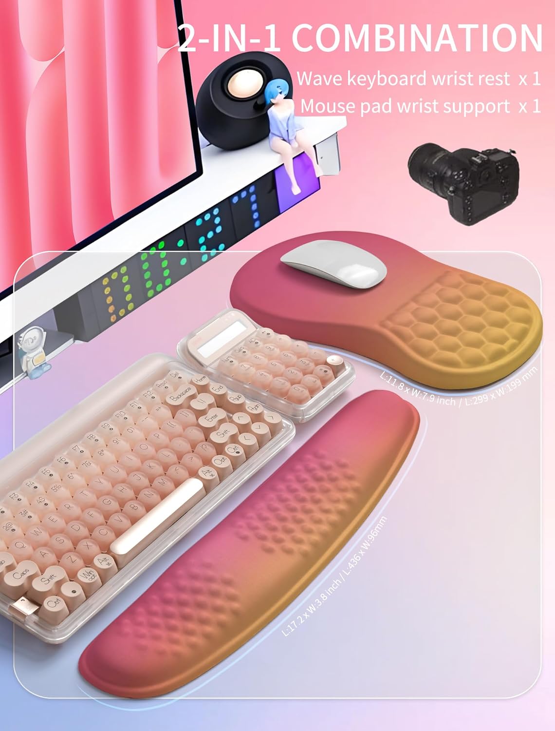 Hokafenle 2in1 Combination, Wave Keyboard Wrist Rest and Ergonomic Curvature Mouse Pad Wrist Support for Relieve Wrist Pain, Filled with Soft Cushion Memory Foam, Black