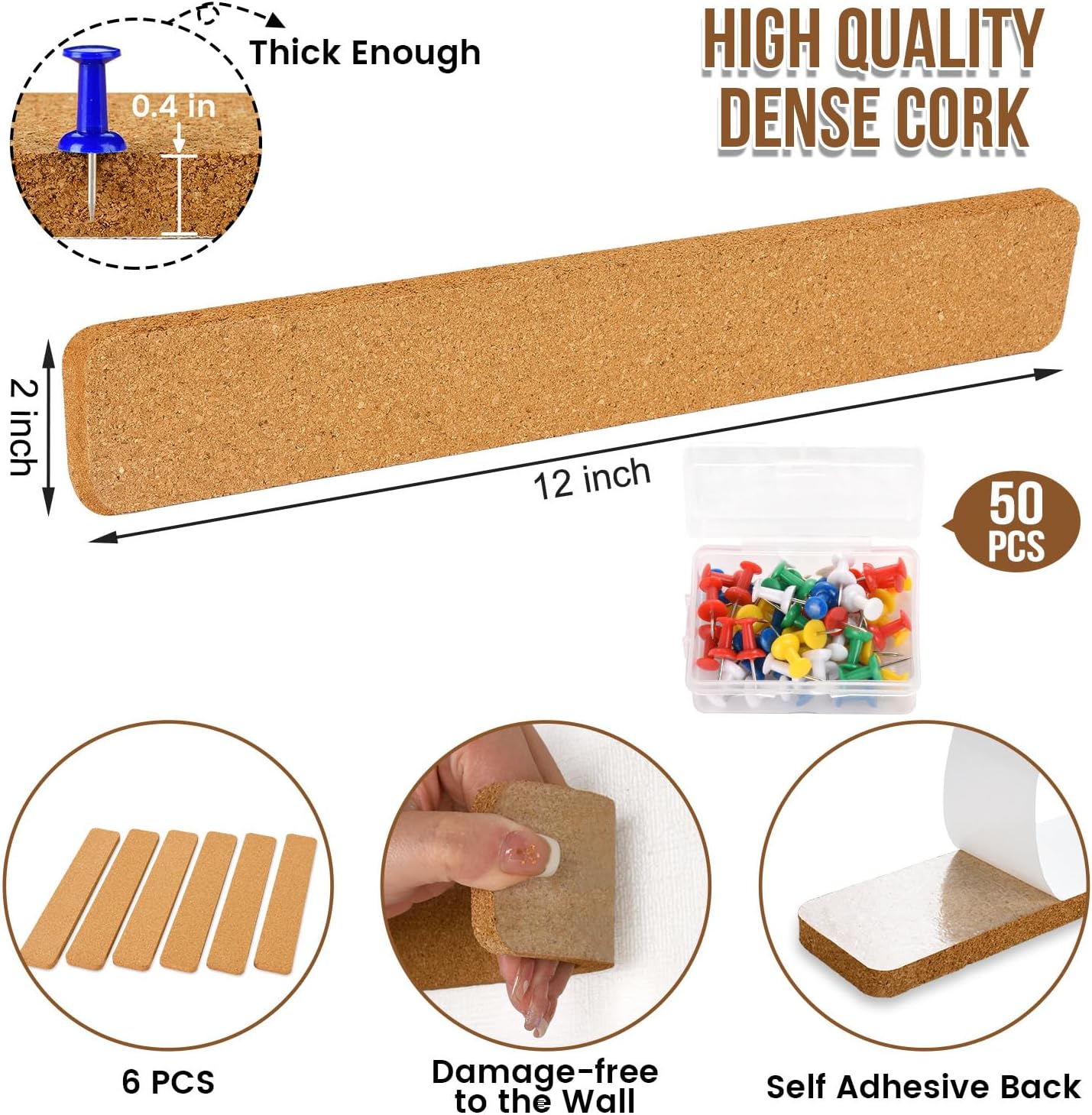 6 Pack Corkboard Strips for Walls, Self Adhesive Thick Cork Board Strips, Peel and Stick Cork Board with 50 Push Pins for Paste Notes, Photos, Schedules