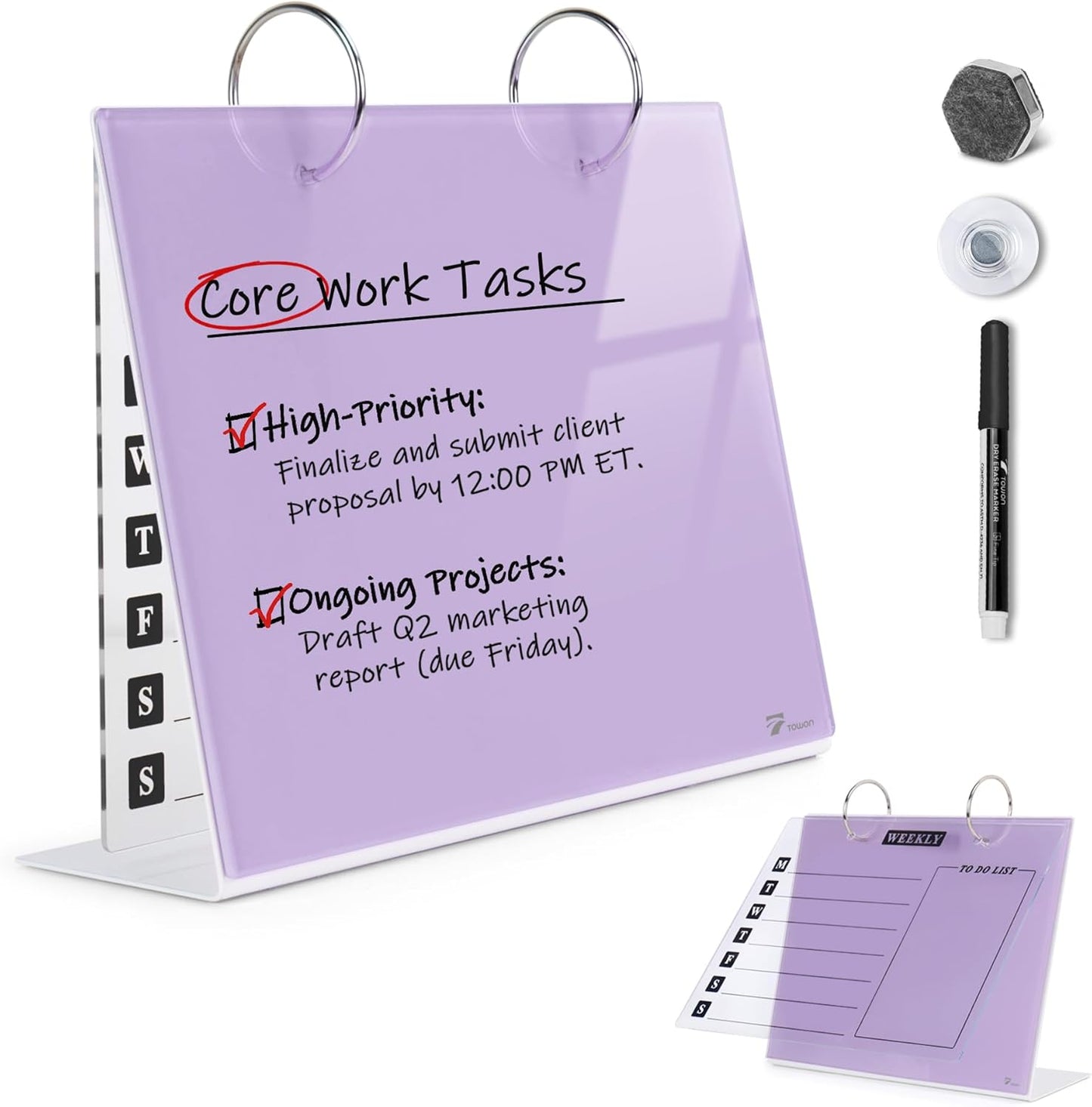 TOWON Small Glass Dry Erase Board, Desk White Board with Standing, Mini Whiteboard Easel Pad Set, Stenography Artifact for Office, Home and School Supplies, 8x6 Inches, Black
