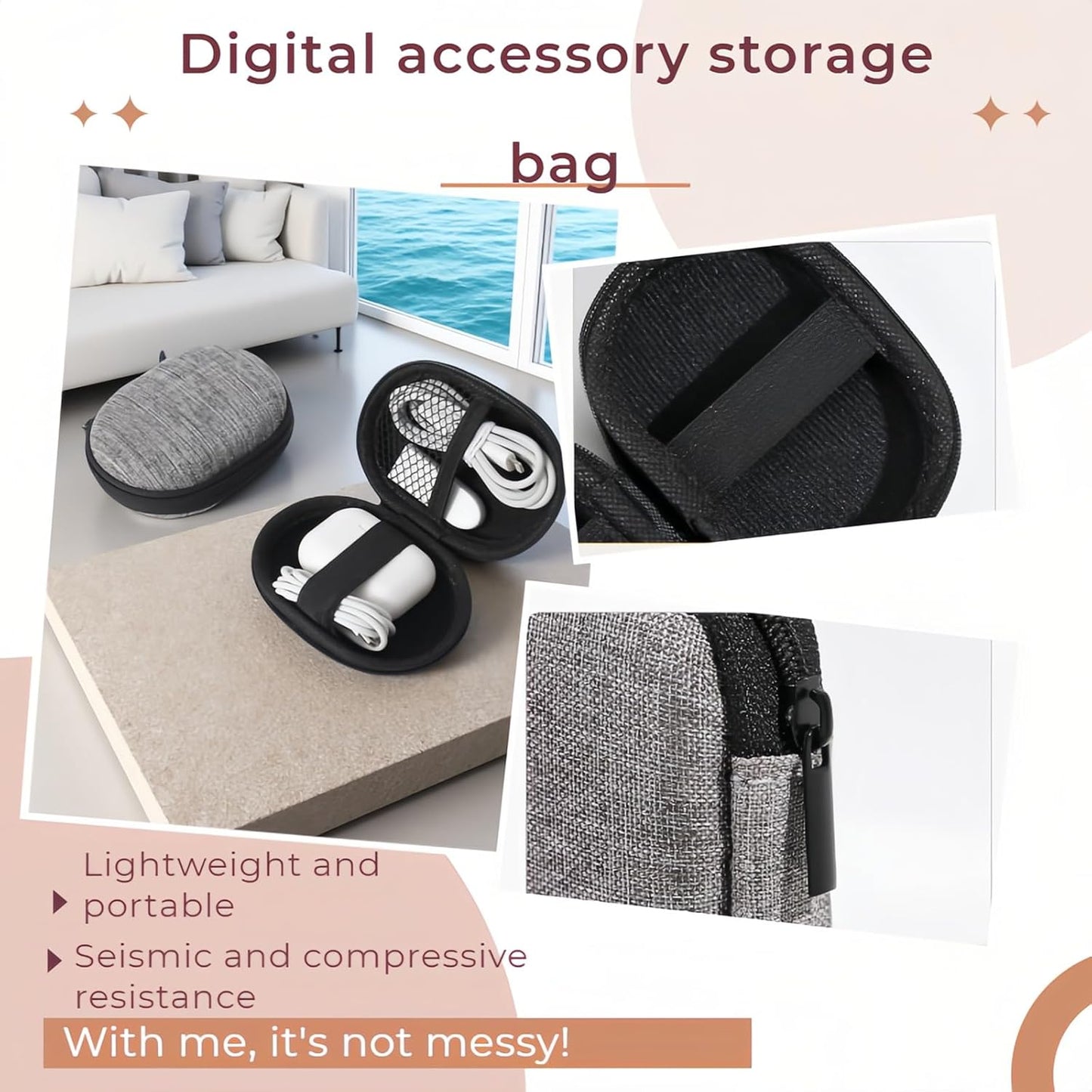 Chinshwehaw Electronic Accessories Organizer Bag: EVA Hard Shell Shockproof, Hard Shell Tech Organizer Case - Water Resistant Travel Storage for Cables Charger Earphones USB SD Card (Rectangle)