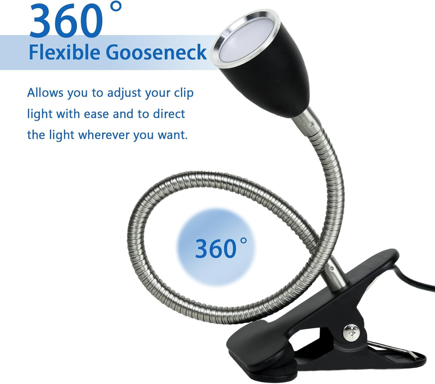 Desk lamp Eye-Caring Table Lamps, 360°Rotation Gooseneck Clip on Lamp Reading Light Portable Reading Book Light Clamp Study Desk Lamps for Bedroom and Office Home Lighting (Black)