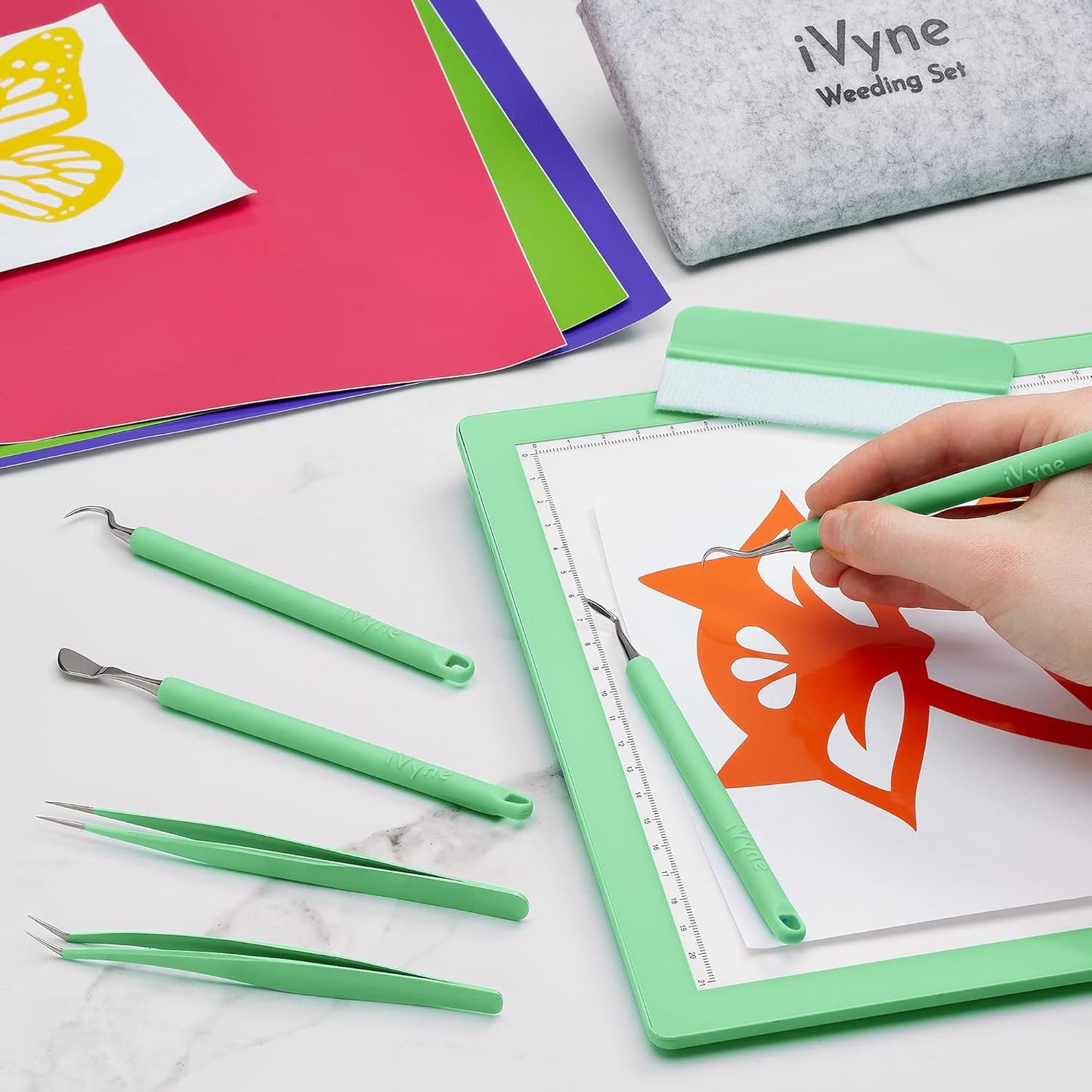 iVyne Complete Set Rechargeable A4 Light Pad, Weeding Tools for Vinyl, Scrap Collector for Cricut and Silhouette Machines for Every Tracing, Drawing Projects (Green)