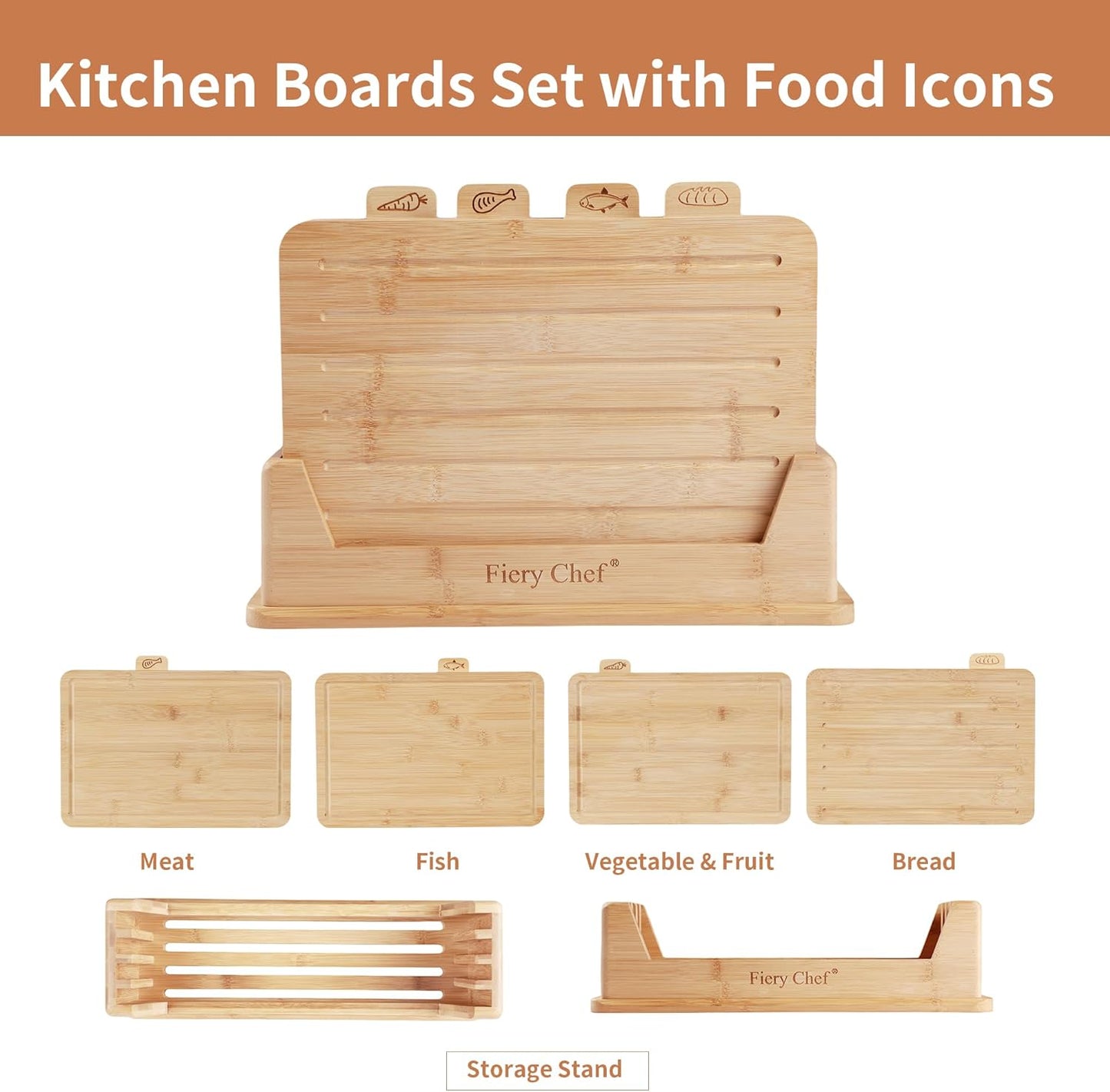 Fiery Chef 14.56"L x 11"W Bamboo Cutting Board Set of 4 - Wood Cutting Board Set with Holder, Chopping Boards Set with Food Icons, Juice Groove - Ideal for Meat, Fish, Bread, Vegetable, Fruit Chopping